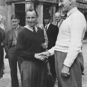 Arthur Havers golfer shaking hands with C H Ward after hole in one outside club house Arthur Havers golfer shaking hands with C H Ward after hole in one outside club house