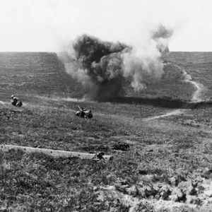 Artillery shell explodes as the British Army advances South of Arras 20th August 1918 Artillery shell explodes as the British Army advances South of Arras 20th August 1918