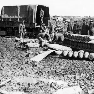 Artillery shells being unloaded during the Somme Campaign Circa October 1916 Artillery shells being unloaded during the Somme Campaign Circa October 1916