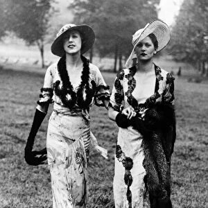 Ascot fashions of 1934. Left, a gown of white crepe de chine patterned with large pink