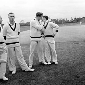 The Ashes 1956. Australian cricketers Richie Benaud and Neil Harvey at the nets at Old