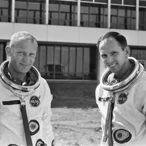 Astronauts Edwin Eugene Buzz Aldrin and Theodore Cordy Ted Freeman in Johnson Space Centre, Houston