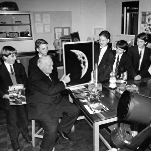 Astronomer Patrick Moore at Torquay Boys Grammar School. 18th November 1993