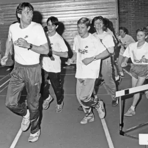 Athlete Dave Moorcroft leads a warm up session at AT7, Coventry. 31st October 1987