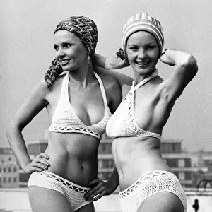 Two attractive caps by Jantzen. On the left Christa wears a stretch fabric swimturban