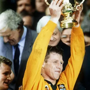Austalian rugby captain Nick Farr-Jones holding aloft the Rugby Union World Cup