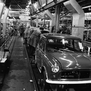 Print of Austin Mini assembly line at night