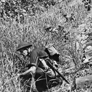 Print of Australian infantry along the Weston railway, Labuan Island Print of Australian infantry along the Weston railway, Labuan Island