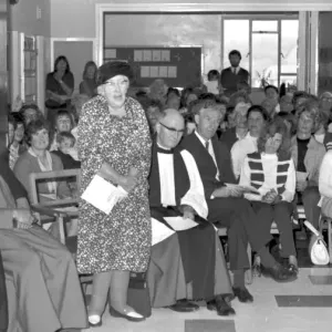 Author Agatha Christie addressing the dignatories at Galmpton primary school Author Agatha Christie addressing the dignatories at Galmpton primary school
