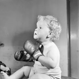 Baby wearing boxing gloves. October 1952 C5091