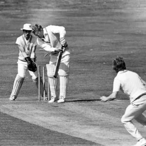 The Bails are Sent Flying - Print of 1984 Cricket Scene