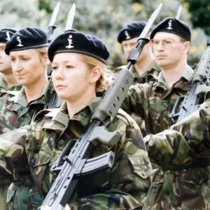 The band leads the way as the 34th Signal Regiment parades through the centre of The band leads the way as the 34th Signal Regiment parades through the centre of