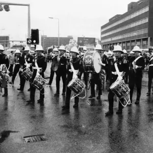 Band of the Royal Marines marching toward the Lord mayors parade in Central Manchester