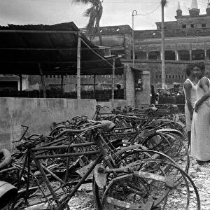 Bangladesh War of Independence 1971 The burnt out shell of a Rick Shaw factory in