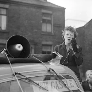 Barbara Castle labour candidate for Blackburn talks through a tannoy speaker on top of a