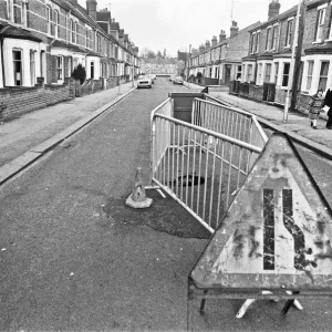 Barriers around Norfolk Road hole, Reading Print (April 1979)