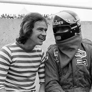 Barry Sheene and James Hunt at a practice day for the British Grand Prix held at Brands