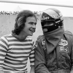 Barry Sheene and James Hunt at a practice day for the British Grand Prix held at Brands