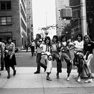 Bay City Rollers dancing the Highland fling during their visit to New York during their