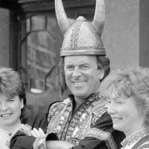 BBC television chat show host Terry Wogan wearing a Viking helmet May 1986 BBC television chat show host Terry Wogan wearing a Viking helmet May 1986