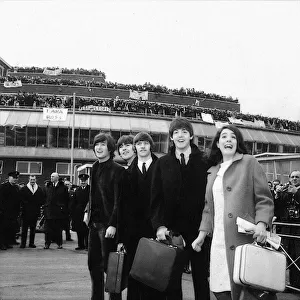 The Beatles and Eleanor Bron leave London Airport for the Bahamas to commence filming