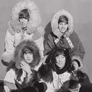 Beatles group shot wearing eskimo outfits 23rd December 1964 Top row George