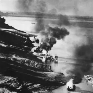 Beaufighters strike at Japanese Rivercraft. Picture shows the scene after a bombing Beaufighters strike at Japanese Rivercraft. Picture shows the scene after a bombing