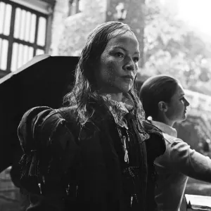 On a beautiful summers morning at the Tower of London, BBC film unit produced rain