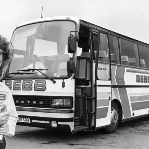 Bebb Travel Hostess Alison with a New Coach Print, 17th April 1989