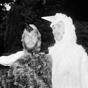 Bee Gee brothers Barry & Maurice Gibb dress up as birds for a scene in their upcoming tv