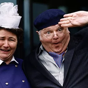 Benny Hill Comedian standing with a matron nurse does his impression of Fred Scuttle as