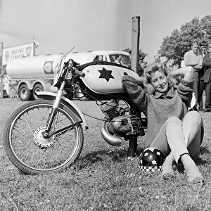 Beryl Swain waiting to weigh in for the 50cc race. 7th June 1962
