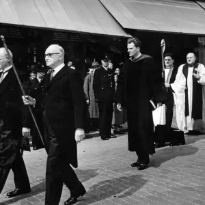 Billy Graham leaves Woolworths stores in the Bull Ring, Birmingham