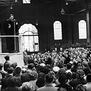 Billy Graham speaking at Birmingham Rag Market after preaching at St Martin in the Bull