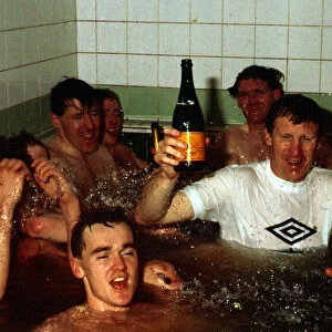 Billy McNeill in team-bath with players April 1988
