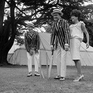 Bing Crosby, Joan Collins and Bob Hope playing cricket during a break in filming on The