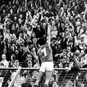 Birmingham Citys Howard Gayle climbs the fence to salute the fans after scoring