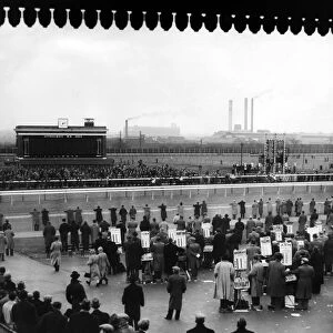 Birmingham Race Course. Crowds gather at the rails to watch the next race