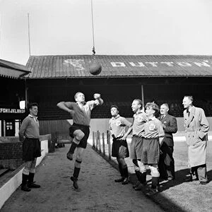 Blackpool Football Club. Left to right Allan Brown, Stan Mortensen (headering) Bill Perry