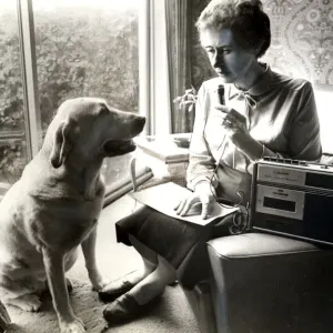 Blind Cardiff City Councillor Joan Ward, recording her notes while her guide dog Jenny Blind Cardiff City Councillor Joan Ward, recording her notes while her guide dog Jenny
