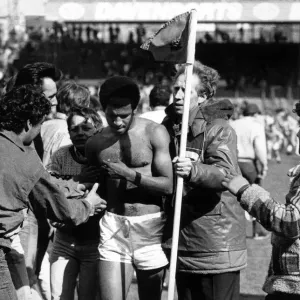 Blues fans mob the shirtless Howard Gayle after the news of relegation Blues fans mob the shirtless Howard Gayle after the news of relegation