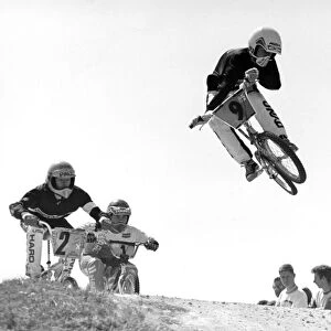 BMX track at Redcar racecourse, riders competing in the area championships. 21st May 1988
