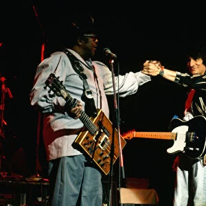 Bo Diddley and Ronnie Wood on stage at the Capital Radio Music Festival. 28th June 1988