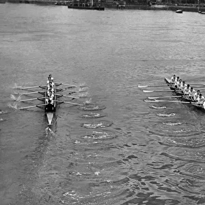 The Boat Race, Oxford v. Cambridge. The Crews after shooting Hammersmith bridge