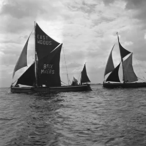 Boats Thames sailing barge race, June 1962. Barges under full sail off