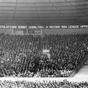Print of Bobby Charlton's name on Old Trafford electronic scoreboard