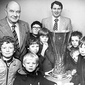 Bobby Robson shows off the UEFA Cup to Langley Park Social Club secretary Ken Wilson