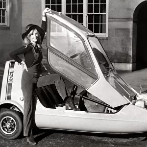 Bond Three Wheeler Bug 1970 - Motors Motor Cars Car model Vickie Hodge poses