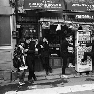 The Boomtown Rats in Tokyo, group members pictured outside a Tokyo shop. May 1980
