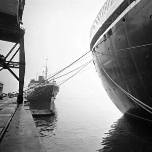 The bow of the famous ocean liner QE2 tied up at the psenger terminal at Southampton